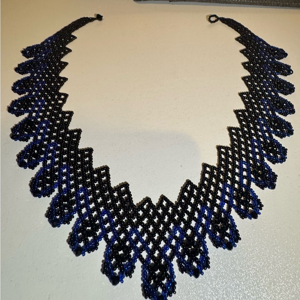 Handmade Beaded Necklace – Black & Blue Seed Bead Choker, Boho Festival Jewelry. - Picture 2 of 2